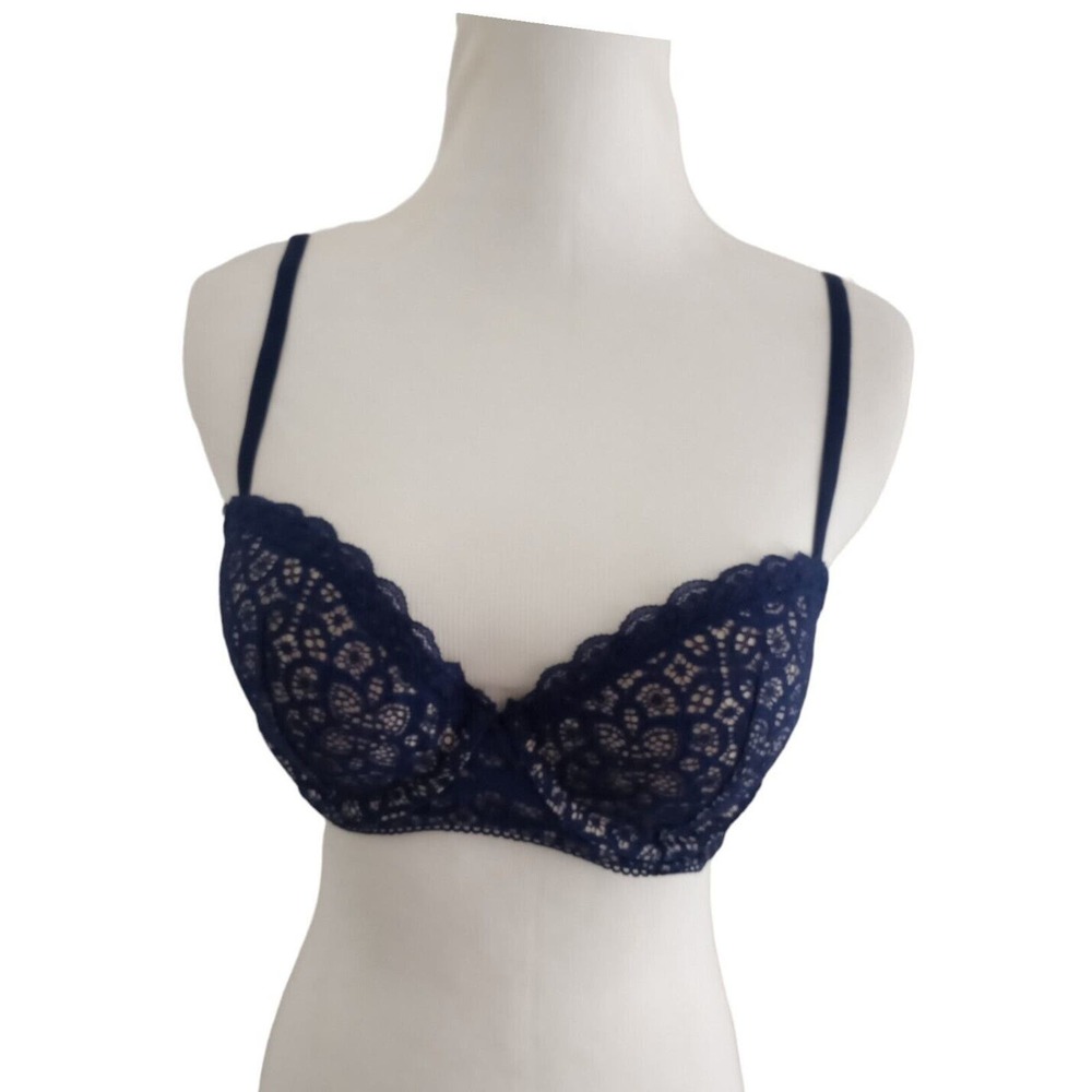 Victoria Secret Lined Demi Bra 34C Blue lace Underwire Lace Side Dream Angels‎